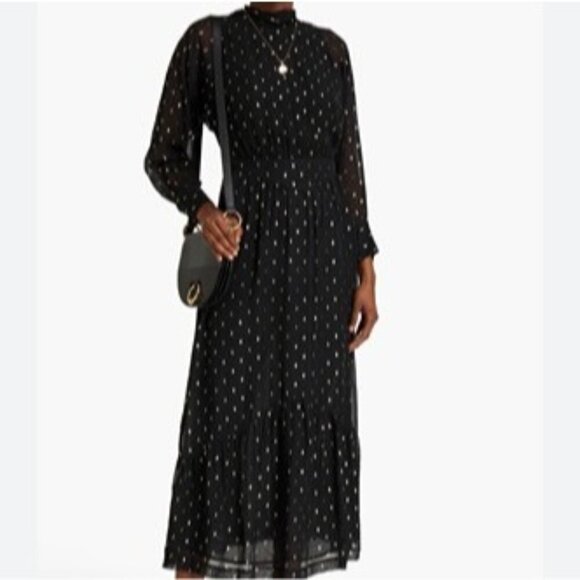 Ba&sh Romy Gathered Metallic Georgette Midi Dress Sz 3 US 8 - Picture 1 of 8
